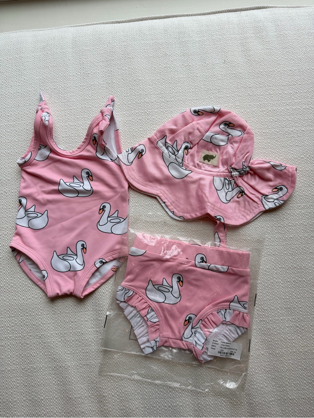 Kids Pink Swan One-Piece Swimsuit and Hat Set